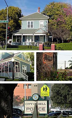 Images, from top and left to right: James George Bell House, Bell Public Library, City of Bell Police sign
