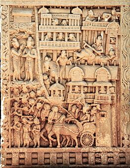 Bimbisara with his royal cortege issuing from the city of Rajagriha to visit the Buddha.jpg