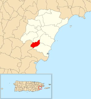 Location of Candelero Arriba within the municipality of Humacao shown in red