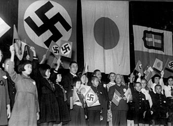 Celebration of the signing of the Tripartite Pact in Tokyo   Major Axis powers: *  German Reich  *  Kingdom of Italy *  Empire of Japan   Other Axis states: *  Kingdom of Hungary * Kingdom of Romania * Tsardom of Bulgaria * Republic of Finland * Slovak Republic * Independent State of Croatia * Kingdom of Thailand 
