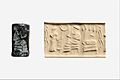 Cylinder seal and modern impression- worshiper before a seated ruler or deity; seated female under a grape arbor MET DP370181