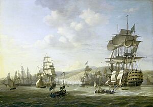 De Engels-Nederlandse vloot in de Baai van Algiers ter ondersteuning van het ultimatum tot vrijlating van blanke slaven, 26 augustus 1816. Rijksmuseum SK-A-1377