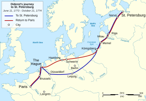Diderot's travel from Paris to Saint Petersburg in 1773-1774 map-en