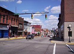 West Main Street in downtown Shelby looking east at the intersection of Gamble Street.