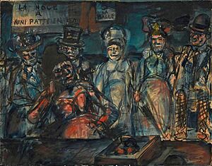 Georges Rouault, 1905, Jeu de massacre (Slaughter), (Forains, Cabotins, Pitres), (La noce à Nini patte en l'air), watercolor, gouache, India ink and pastel on paper, 53 x 67 cm, Centre Georges-Pompidou, Paris