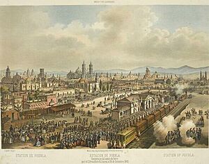 Puebla City in 1869. Lithograph of the new railway station (cropped)