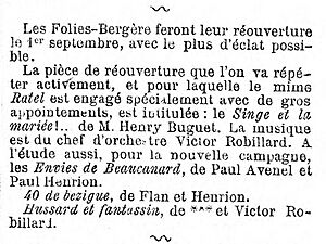 Réouverture des Folies-Bergère le 1er septembre 1869 - Rubrique Bruits de coulisses - Le Gaulois - 3 août 1869