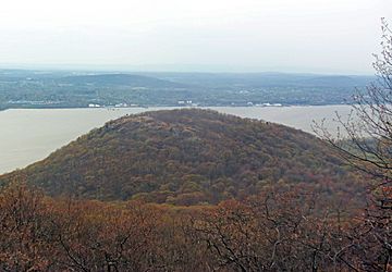 A rounded mountain with brown, mostly bare trees covering most of it, seen from slightly higher than its summit some distance away. A large body of water is behind it.