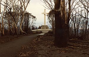War memorial at Mount Macedon after the 1983 Ash Wednesday bushfires