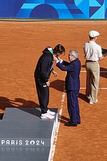 2024 Summer Olympics men's singles tennis tournament's podium, 2024-08-04 (35) (cropped)