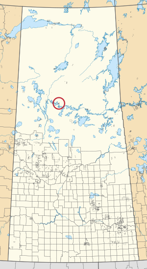 A map of the province of Saskatchewan showing 297 rural municipalities and hundreds of small Indian reserves. One is highlighted with a red circle.