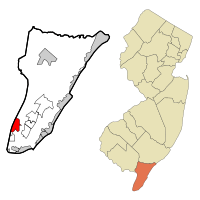 Map of Villas highlighted within Cape May County. Right: Location of Cape May County in New Jersey.