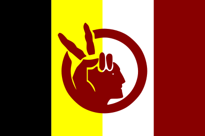 Flag depicting four vertical bars with colors black, yellow, white, and red from left to right and red circle-enclosed hand giving peace symbol with profile of person merged in right of hand