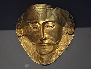 Gold death-mask, known as the 'mask of Agamemnon', from Mycenae, grave Circle A, 16th century BC, Athens Archaeological Museum, Greece (22669073522)