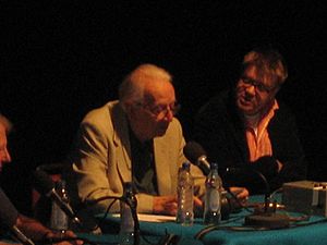 Humphrey Lyttelton and Jon Naismith recording "I'm Sorry I Haven't A Clue" at the 2005 Edinburgh Fringe Festival