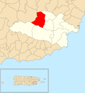 Location of Jácanas within the municipality of Yabucoa shown in red