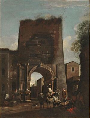 Jan Miel and Viviano Codazzi - View of the Arch of Titus with horsemen at rest