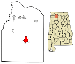 Location of Moulton in Lawrence County, Alabama.