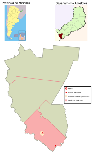 The municipality and village of Azara in the province of Misiones, the small dot represents the town of Rincón de Azara