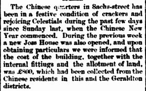 Newspaper article in the Cairns Post announcing the opening of the Lit Sung Goong temple, 27 January 1887