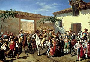 Patio de la cuadra de caballos de la plaza de toros, antes de una corrida