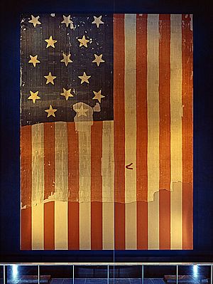 Star Spangled Banner Flag on display at the Smithsonian's National Museum of History and Technology, around 1964