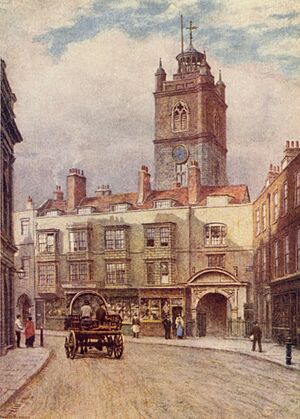 Tower of Church of St Giles, Cripplegate, and Old Houses in Fore Street, 1884 by Philip Norman