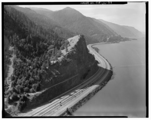 AERIAL VIEW OF MITCHELL POINT. HISTORIC COLUMBIA RIVER HIGHWAY ON SIDE OF CLIFF. - Historic Columbia River Highway, Troutdale, Multnomah County, OR HAER ORE,26-TROUT.V,1-79.tif