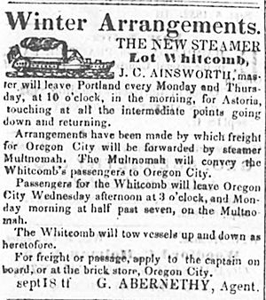 Advertisement for steamer Lot Whitcomb