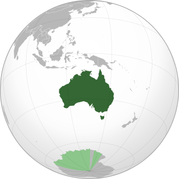 A map of the eastern hemisphere centred on Australia, using an orthographic projection.