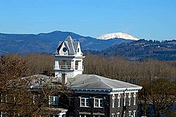 The Columbia County Courthouse with Mount St. Helens in the background
