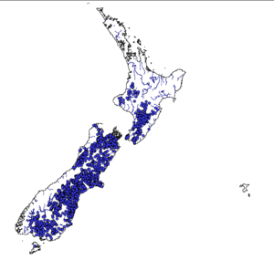 Map showing distribution of the upland bully (Gobiomorphus breviceps), from data in the NIWA Freshwater Fish Database