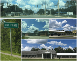 Top, left to right: Five Points main intersection, Five Points sign, Five Points Elementary, Five Points Pawn, Pine Grove Baptist Church