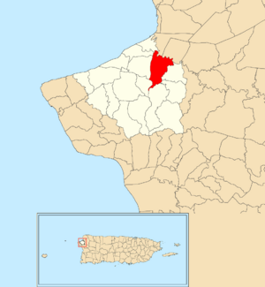 Location of Guanábano within the municipality of Aguada shown in red