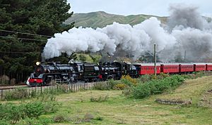 Locomotives Ja 1271 and Ab 608 'Passchendaele' pulling historic carriages on Steam Inc's 'Double Thunder' excursion