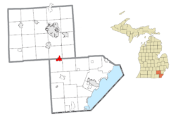 Left: location within Monroe County (bottom) and Washtenaw County (top); Right: location within the state of Michigan
