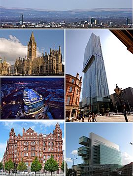 Clockwise from top: Skyline of Manchester City Centre, Beetham Tower, Manchester Civil Justice Centre, Midland Hotel, One Angel Square, Manchester Town Hall