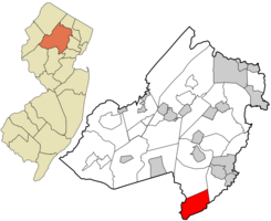 Location of Long Hill Township in Morris County highlighted in red (right). Inset map: Location of Morris County in New Jersey highlighted in orange (left).