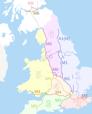 Motorway number zones in England and Wales map