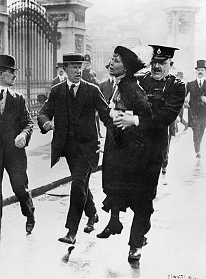 Mrs Emmeline Pankhurst, Leader of the Women's Suffragette movement, is arrested outside Buckingham Palace while trying to present a petition to King George V in May 1914. Q81486