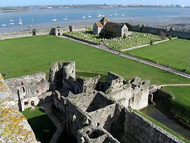 Portchester Castle outer bailey from the keep, 2010