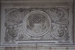 Saints Peter & Paul Cathedral (Indianapolis, Indiana), exterior, detail of the Great Seal of the United States