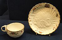 Swan Service, teacup and saucer, c. 1737-1741, Meissen, modellers Johann Joachim Kandler and Johann Friedrich Eberlein, hard-paste porcelain, overglaze enamels, gilding - Gardiner Museum, Toronto - DSC00903