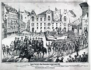 "St. Patrick's Day Procession in St. Louis, 1874", west side of Seventh Street between Carr Street and Biddle Street