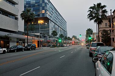The company's former headquarters on Beverly Drive in Beverly Hills with the MGM sign above the entrance. The MGM headquarters was currently moved to the Culver Studios.