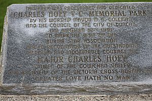 Charles Hoey VC Memorial Park Inscription