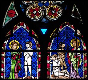 Création d'Adam et création d'Ève, vitrail gothique, cathédrale de Strasbourg