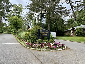 A welcome sign at an entrance to Harbor Hills on June 11, 2021.