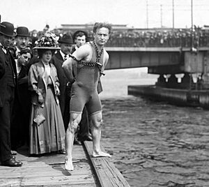 Harry Houdini jumps from Harvard Bridge, Boston, Massachusetts, 1908 - John H. Thurston, stereopticons LCCN2015650990 - restoration