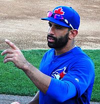 Jose Bautista talking to fans before a Spring Training Game
